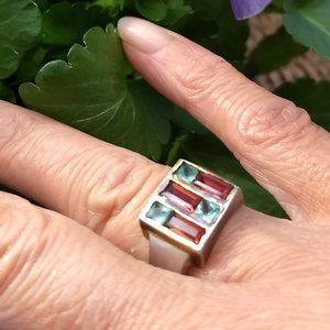 vintage y2k 00s 2 tone 'garnet' 'topaz' mosaic square ring